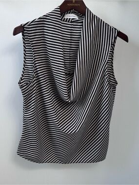 Calvin Klein Striped Sleeveless Draped Cowl Neck Blouse Top Black Cream Large